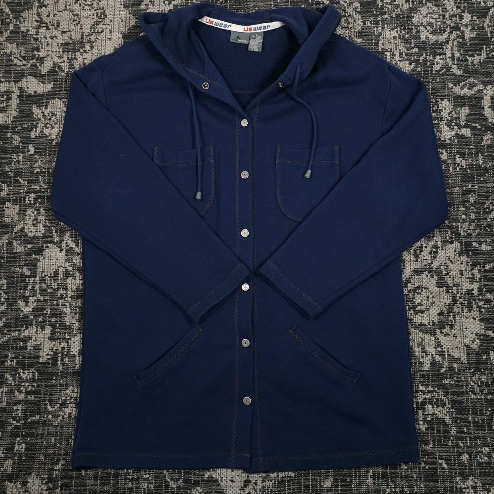 Vintage Lizwear Women's Large Navy Blue 100% Cotton Snap Front Hoodie Jacket Y2K